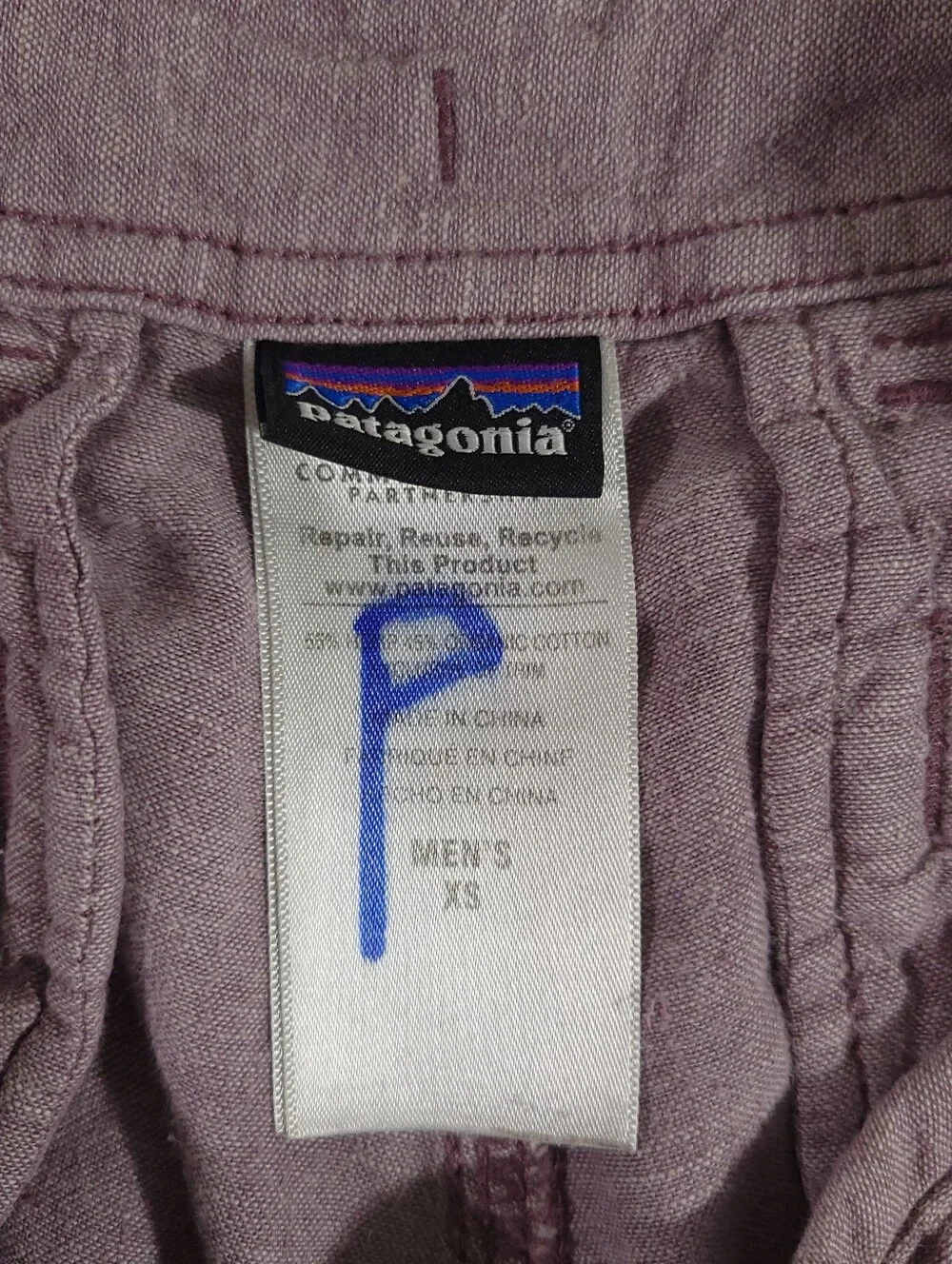 Patagonia Plum Line Pants Mens XS Pink Organic Cotton Straight Hemp Warm Wear